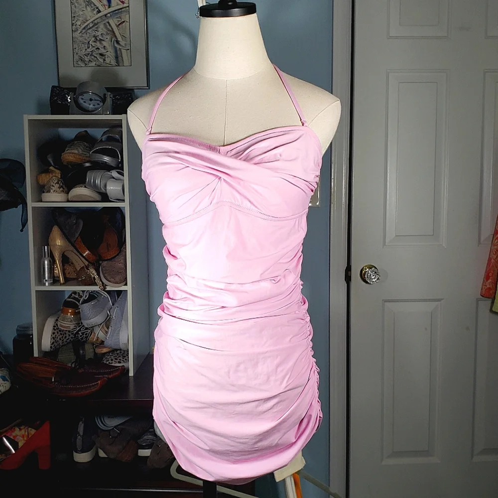 J Crew Petal Pink Shirred Gemma Crossover Halter Maillot Beach Vacation Onepiece